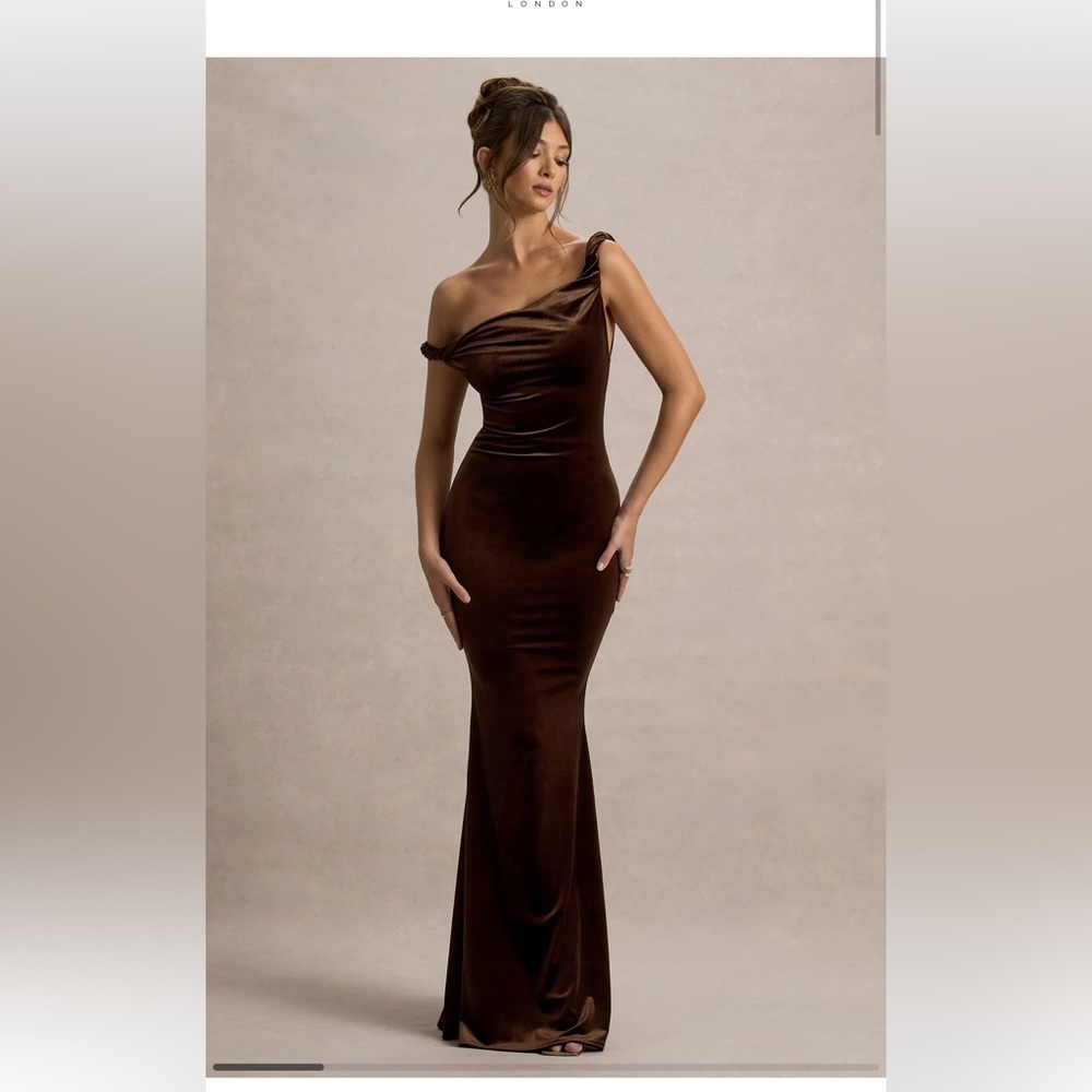 BROWN VELVET TWISTED ASYMMETRIC MAXI DRESS - size 4, brown